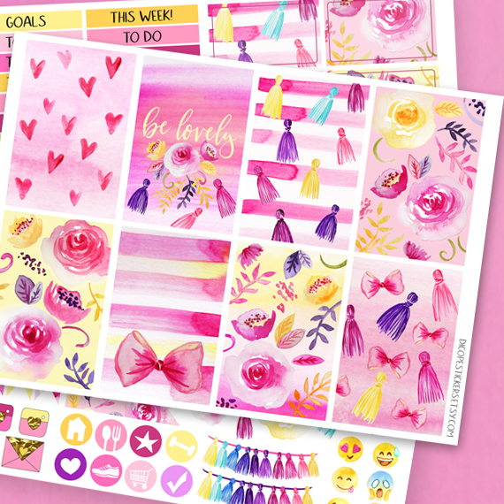 Be Lovely Watercolor Flowers and Tassels Stickers Kit of 3