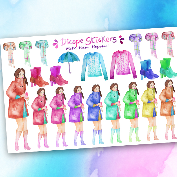 Fashion girl with coat clothes Stickers - Image 2