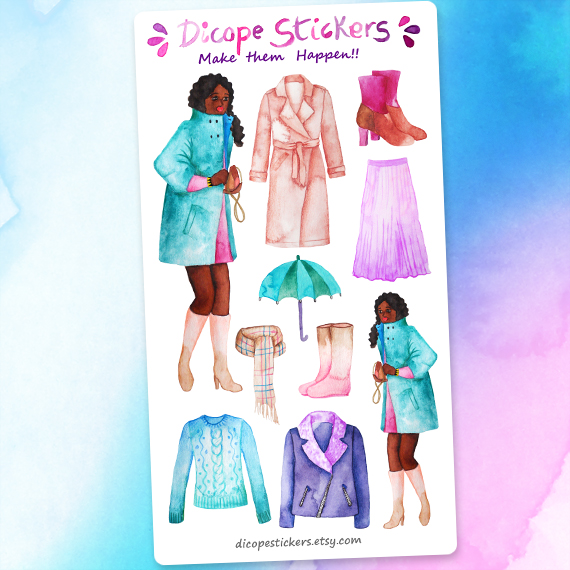 Watercolor fashion girl fall weather clothes Stickers - Image 2