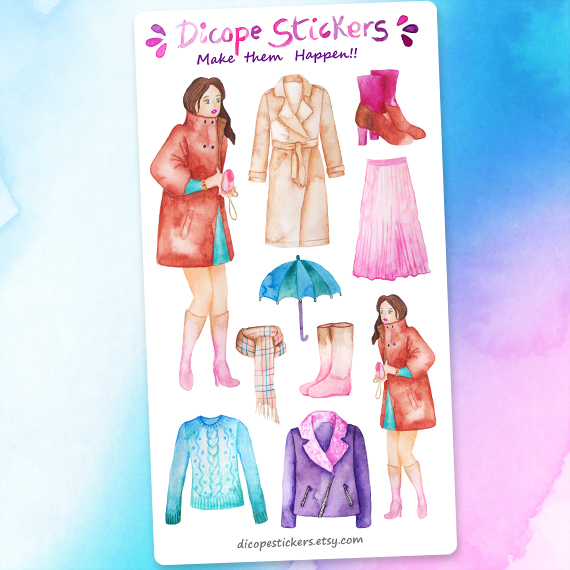 Watercolor fashion girl fall weather clothes Stickers