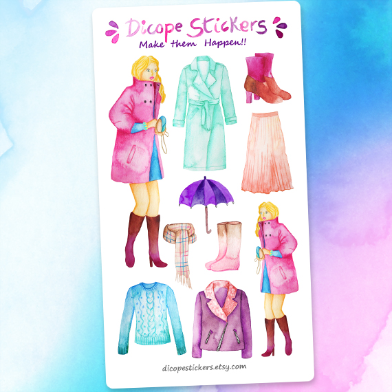 Watercolor fashion girl fall weather clothes Stickers - Image 3