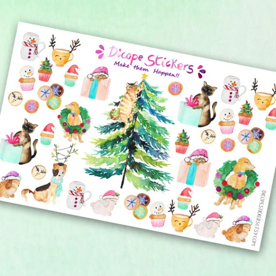 Christmas Cat on a Tree & Xmas Pets Stickers