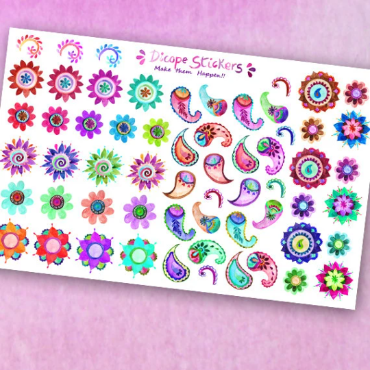 Small Watercolor Paisley and Mandala Flower stickers