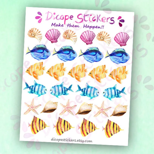 Watercolor Fish Starfish Seashell stickers