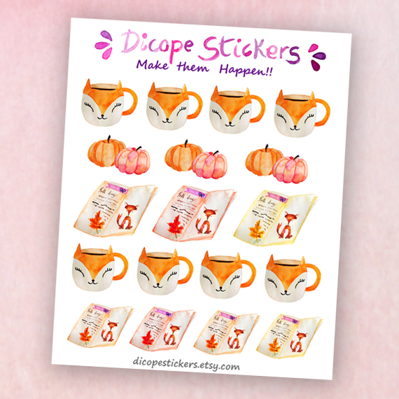 Fox Mug Journal Pumpkin watercolor Planner Stickers