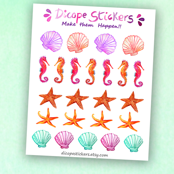 Watercolor Starfish Seashell and Seahorses stickers