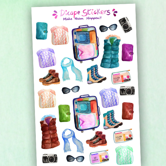 Watercolor Travel Journal Stickers with clothes organized bag