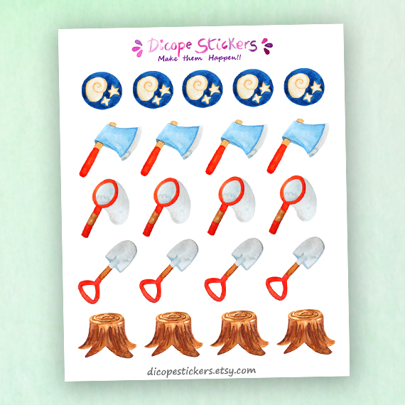 Watercolor fossil axe shovel net planner stickers