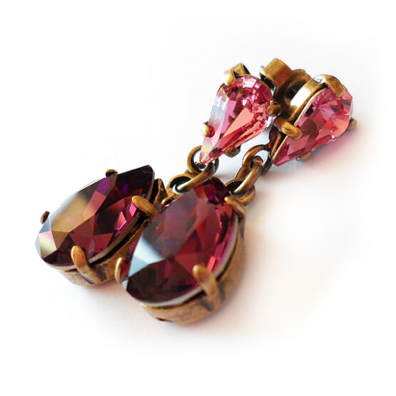 Amethyst Pink Swarovski Crystal Earrings in Teardrop Rhinestone – Estate Earrings