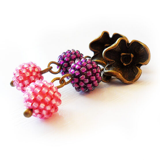 Flower Stud Earrings - Pink and Purple Glass Berry Beads Earrings