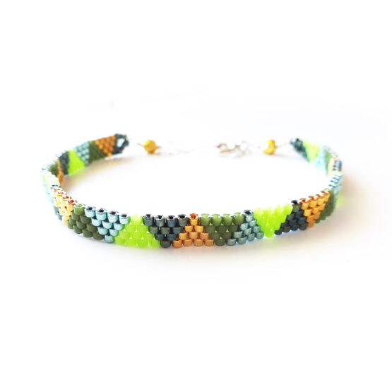 Forest colors Pyramids Bracelet with 24kt gold beads and sterling silver