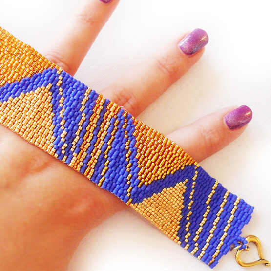 Gold and Blue Pyramid Lovers Beadwork Bracelet