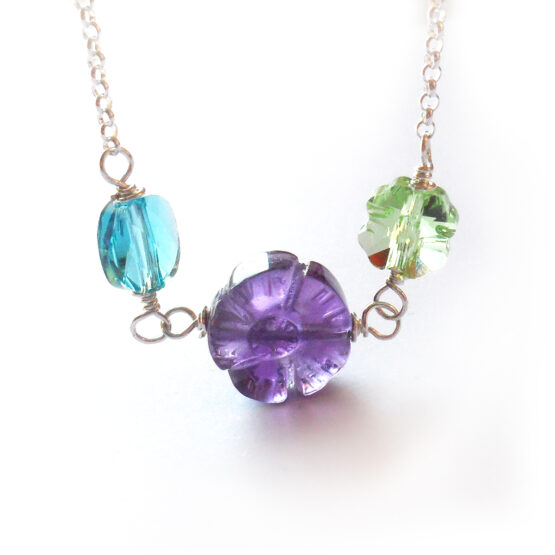 Lucia Necklace with Oval Swarovski Beads and Amethyst Gemstone Flower