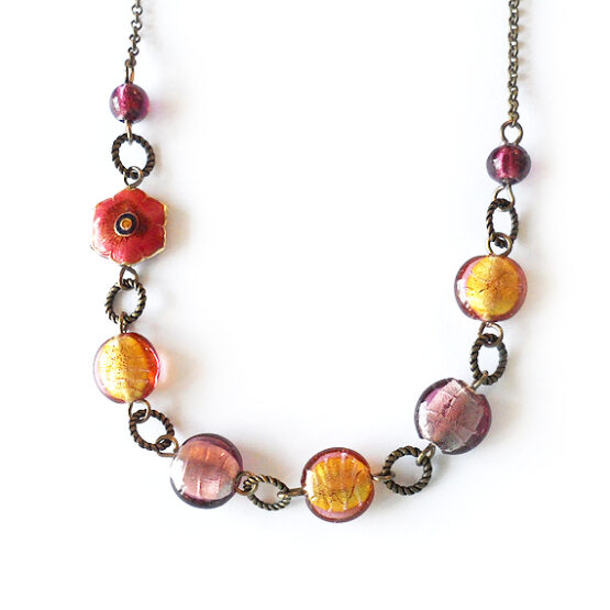 Orange and Amethyst  Lampwork Beads Candy Flower Necklace