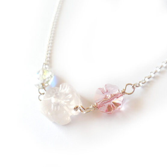 Penelope Necklace with Oval Swarovski Beads and Pink Quartz Flower