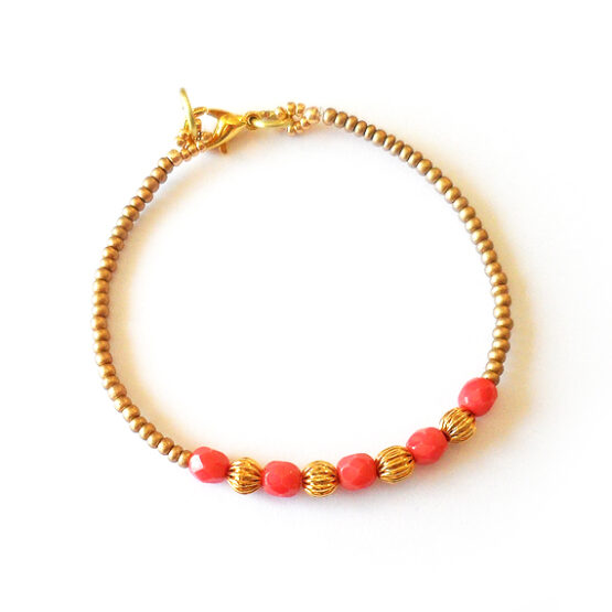 Sheyda Bracelet with Golden Vintage Beads and Coral Bohemian Crystals