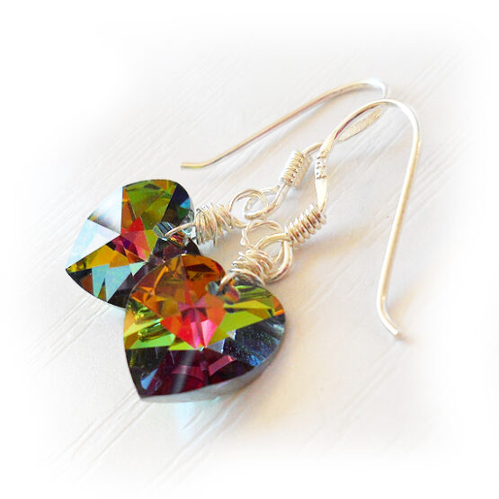 Swarovski Heart Earrings in Green with Sterling Silver Hoops