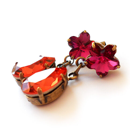 Teardrop and Flower Rhinestone Earrings in Orange Fuchsia Pink - Estate Earrings