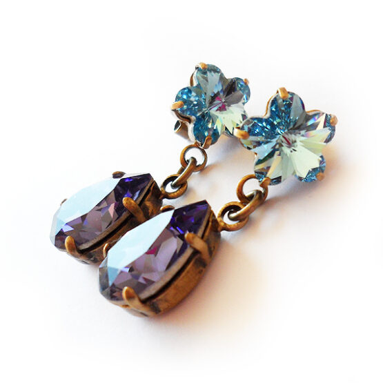 Teardrop and Flower Rhinestone Earrings in Tanzanite and Blue