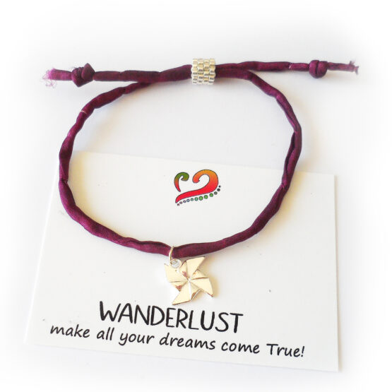 Windmill Bracelet with sterling silver charm and silk cord -  Wanderlust Bracelet