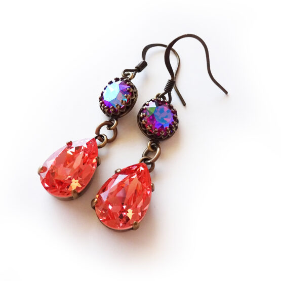 Pendientes Joya con Gotas de swarovski Naranja y Fucsia