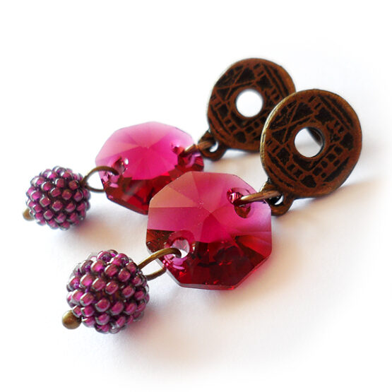 Pendientes Octogonos de Swarovski con Bolitas de Cristal Morado