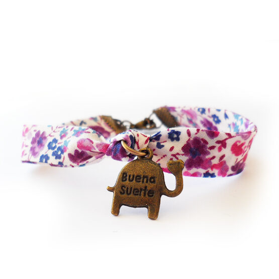 Pulsera Elefante de la Suerte con Cinta de Flores Lila