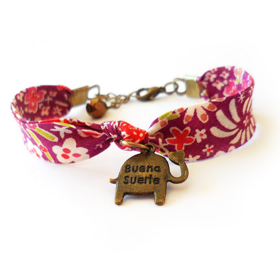 Pulsera Elefante de la Suerte con Cinta de Flores Morada