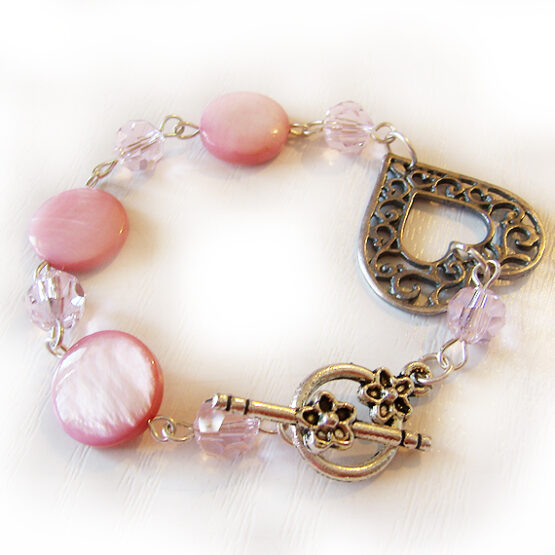 Pulsera Amor Corazón Bolitas Cristal Rosa y Madre Perla
