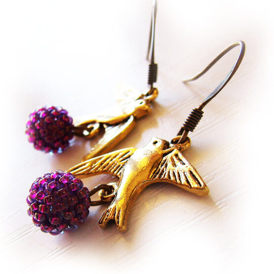Pendientes Pajarito Oro y Bolitas Lila