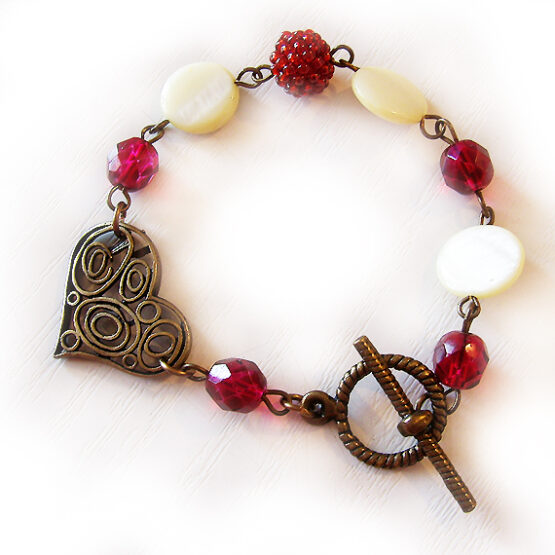 Pulsera Corazón Bolitas Cristal Rojo y Madre Perla